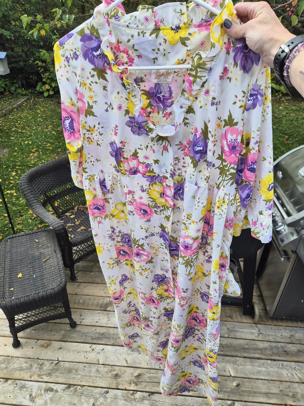 Floral Ruffle-Trim Women's Tunic Top - White with Pink, Purple & Yellow Flowers
